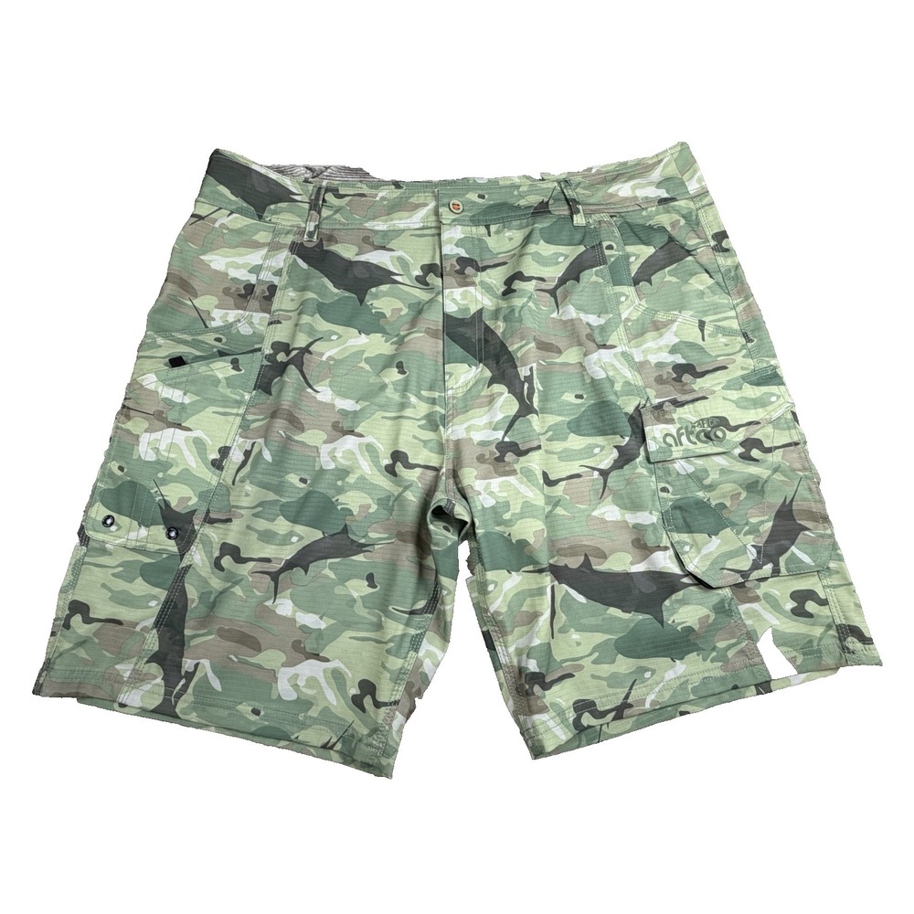 AFTCO Fishing Shorts Men's 42x9.5 Green Marlin Camo Cargo Performance Athlesiure